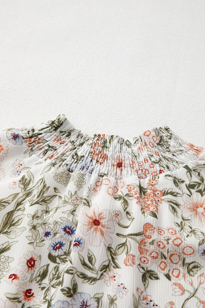 Green Floral Print Tiered Frilled Shirred Mock Neck Mini Dress - Dresses/Mini Dresses