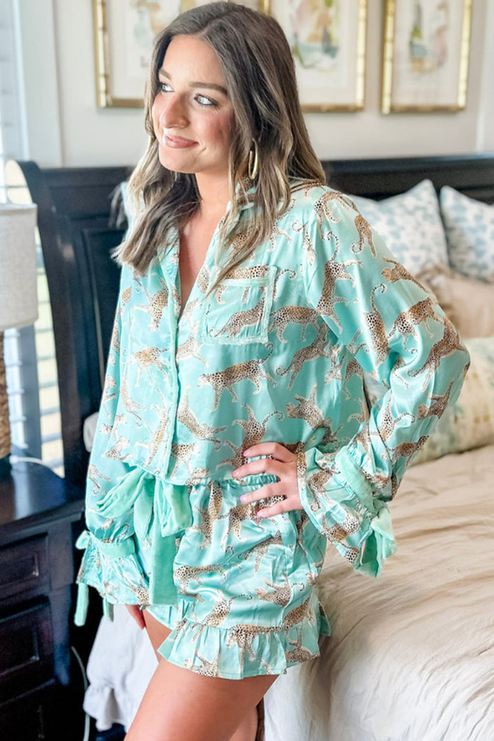 Green Leopard Satin Ruffle Pyjama Short Set - Loungewear & Sleepwear/Pyjama Shorts