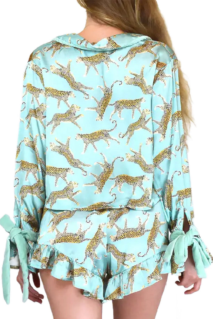 Green Leopard Satin Ruffle Pyjama Short Set - Loungewear & Sleepwear/Pyjama Shorts