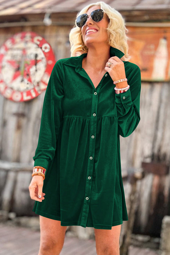 Green Long Sleeve Ruffle Velvet Button Up Dress - Dresses/Mini Dresses