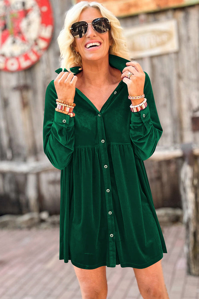 Green Long Sleeve Ruffle Velvet Button Up Dress - Dresses/Mini Dresses