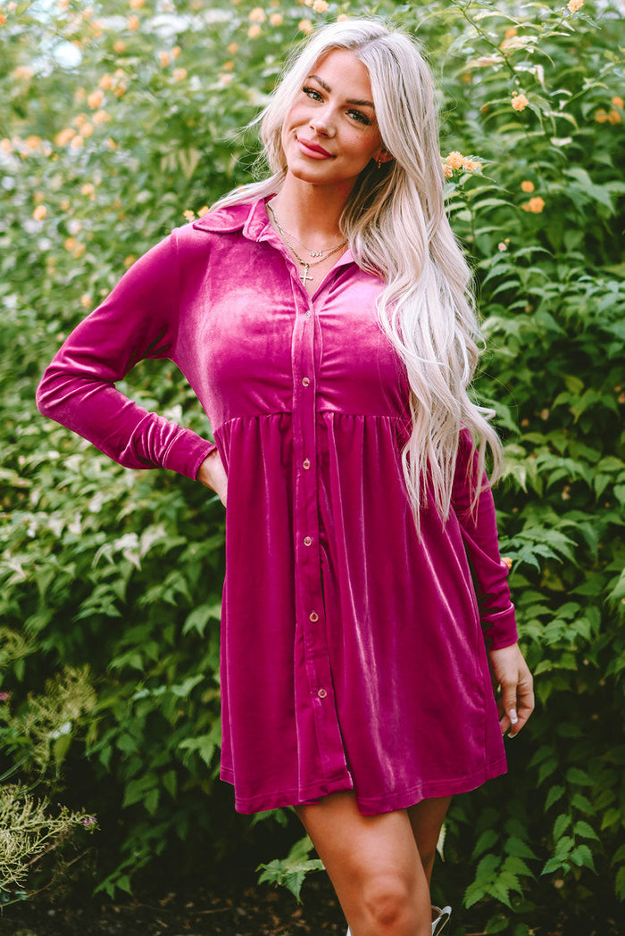 Green Long Sleeve Ruffle Velvet Button Up Dress - ROSE / S / 95% POLYESTER + 5% ELASTANE - Dresses/Mini Dresses