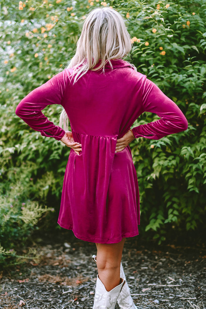 Green Long Sleeve Ruffle Velvet Button Up Dress - Dresses/Mini Dresses