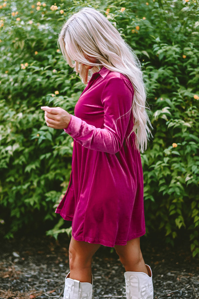 Green Long Sleeve Ruffle Velvet Button Up Dress - Dresses/Mini Dresses