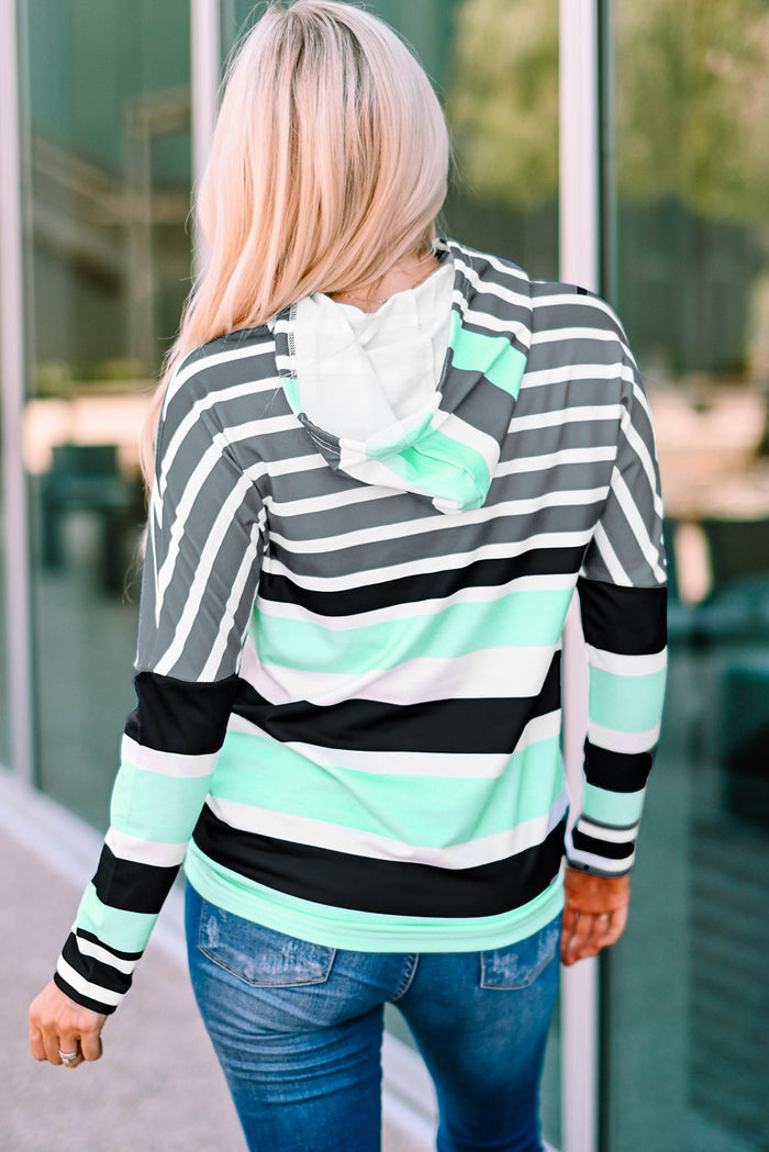 Green Striped Drawstring Long Sleeve Hoodie - Tops/Sweatshirts & Hoodies