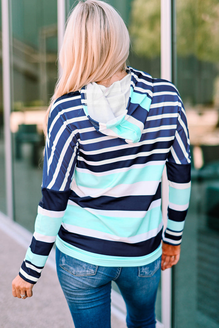 Green Striped Drawstring Long Sleeve Hoodie - Tops/Sweatshirts & Hoodies