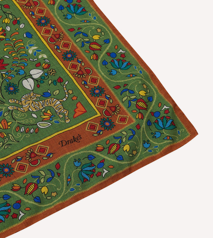 Green Tiger Garden Print Wool-Silk Bandana