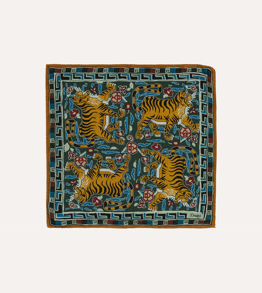 Green Tiger Motif Print Wool-Silk Pocket Square