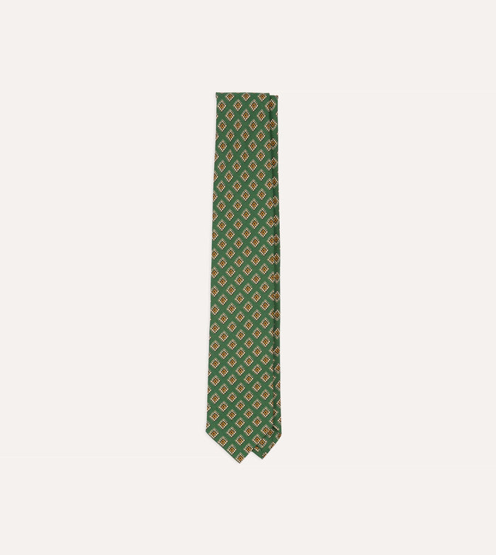 Green Tile Medallion Print Silk Self Tipped Tie