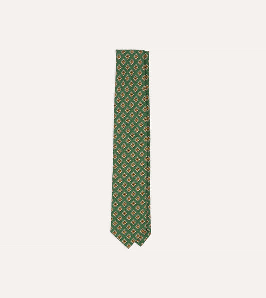 Green Tile Medallion Print Silk Self Tipped Tie