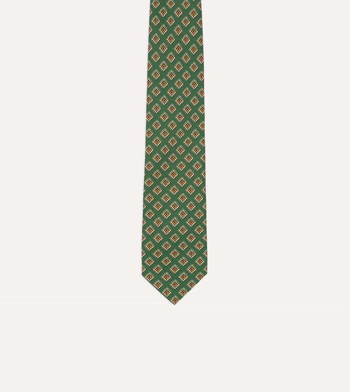 Green Tile Medallion Print Silk Self Tipped Tie