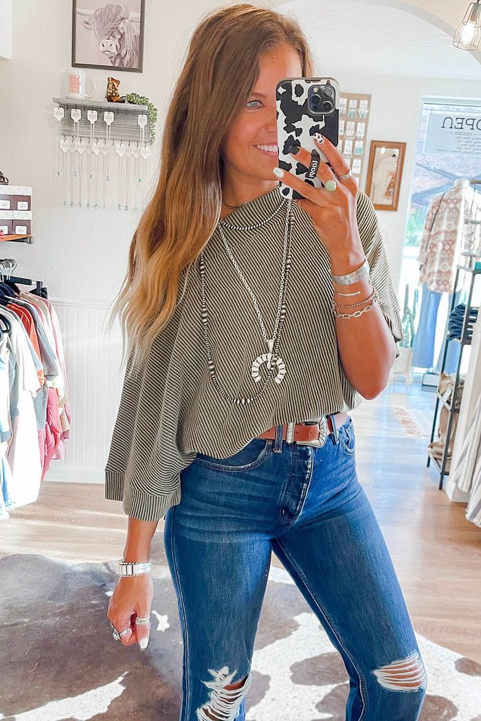 Grey Boatneck Batwing Sleeve Cording Blouse - Tops/Blouses & Shirts