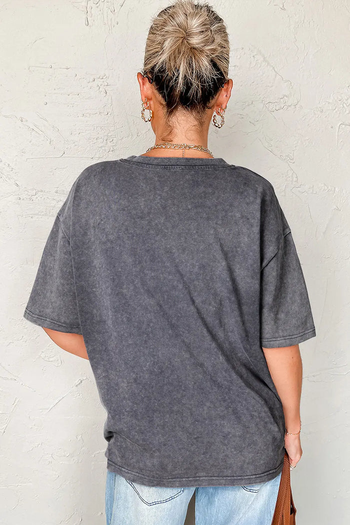 Grey TEXAS Steer Head Graphic Mineral Wash Oversized T Shirt - Tops/Tops & Tees