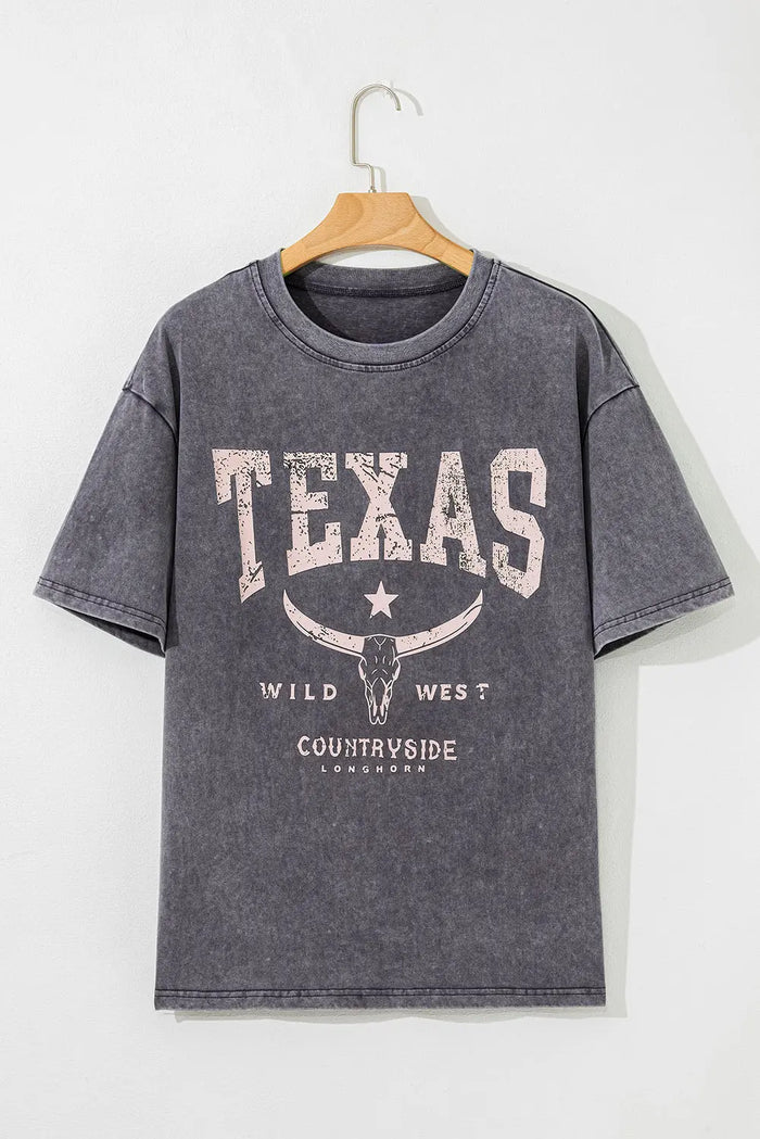 Grey TEXAS Steer Head Graphic Mineral Wash Oversized T Shirt - Tops/Tops & Tees