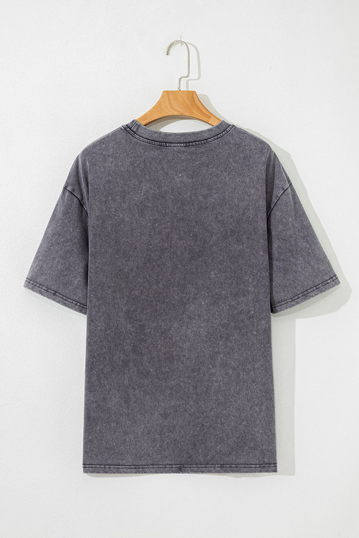Grey TEXAS Steer Head Graphic Mineral Wash Oversized T Shirt - Tops/Tops & Tees