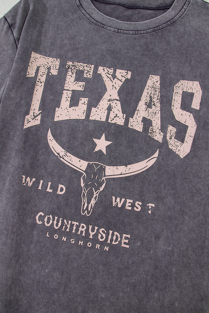 Grey TEXAS Steer Head Graphic Mineral Wash Oversized T Shirt - Tops/Tops & Tees