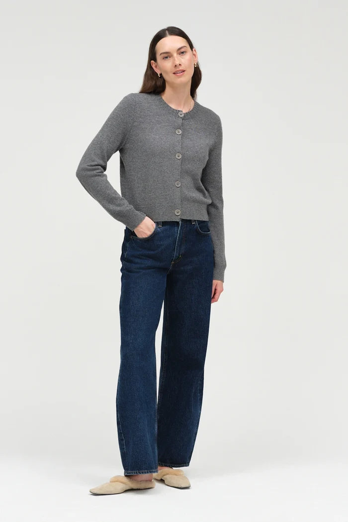 Grey Wool-Cashmere Crew Neck Cardigan