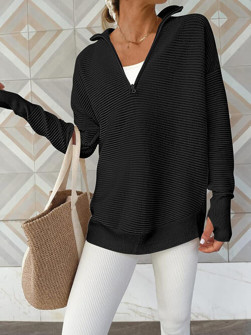 Half Zip Long Sleeve Knit Top - Madikfashions.com