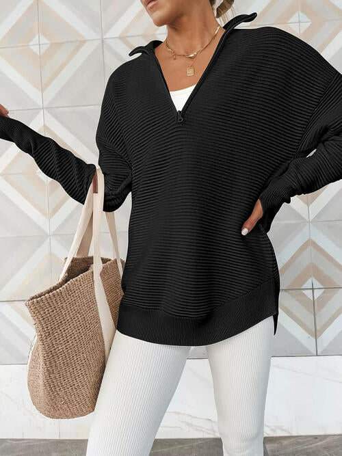 Half Zip Long Sleeve Knit Top - Madikfashions.com
