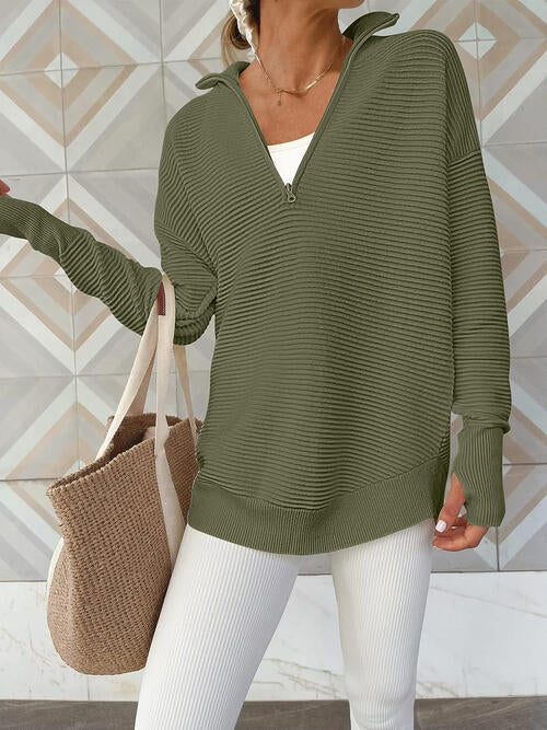 Half Zip Long Sleeve Knit Top - Madikfashions.com