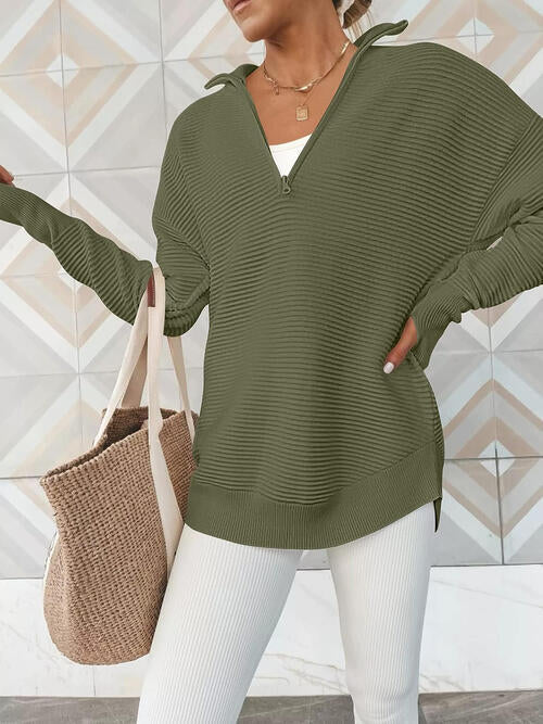 Half Zip Long Sleeve Knit Top - Madikfashions.com