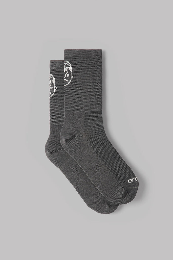Gray socks with a logo on a gray background
