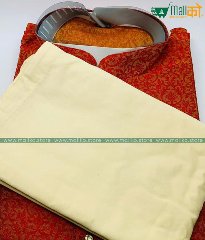 HITESH KURTA PAJAMA SET (Orange and Cream /Banarasi Silk)