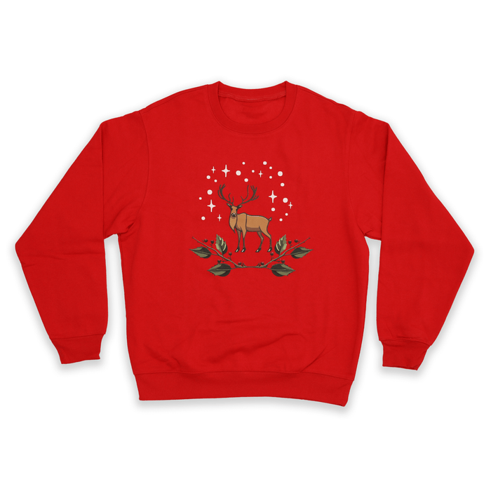 Holiday Reindeer Sweatshirt featuring a festive reindeer illustration on a vibrant red background.