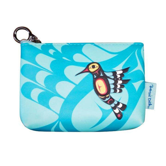 Hummingbird Coin Purse featuring a vibrant blue design with an artistic hummingbird by Francis Dick.