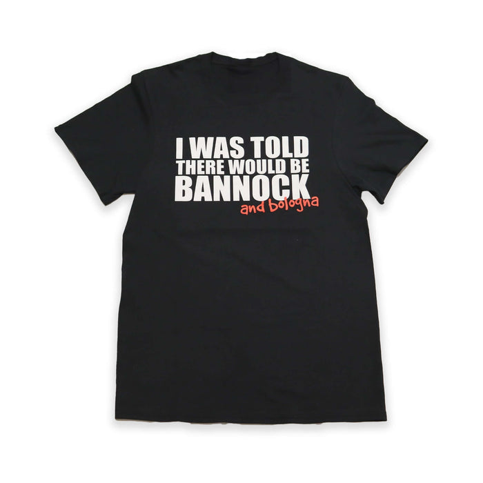 Black t-shirt with white and red text on a white background