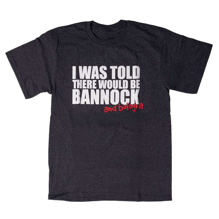 Charcoal t-shirt with white and red text on a white background