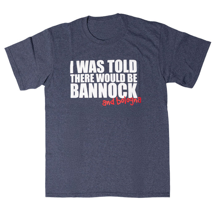 Navy blue t-shirt with white and red text on a white background