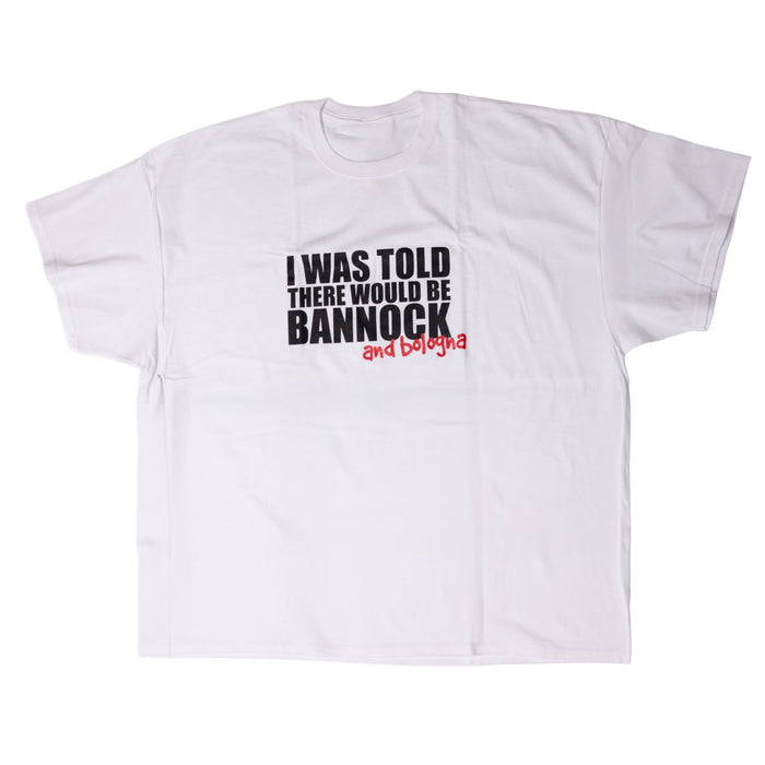 White t-shirt with black and red text on a white background
