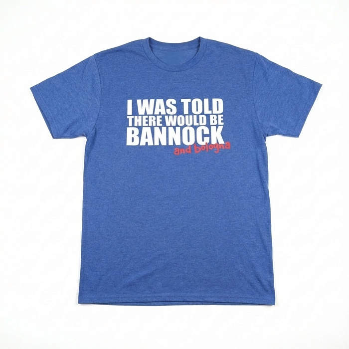 Blue t-shirt with white and red text on a white background