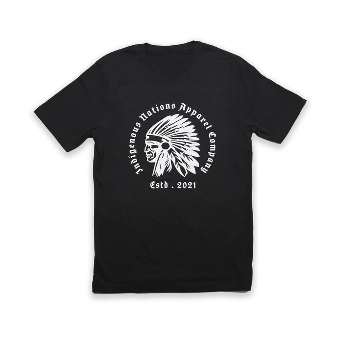 INAC Chief Head T-Shirt featuring a unique design in white on a black background, celebrating Indigenous heritage.
