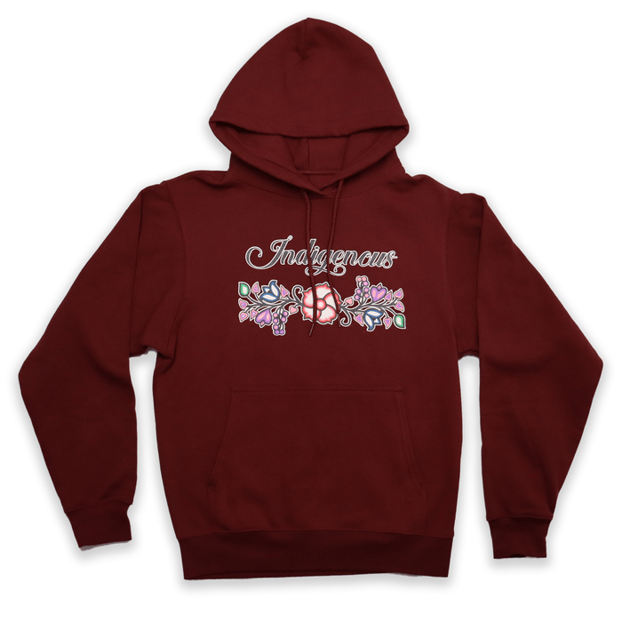 Indigenous Floral Hoodie featuring vibrant floral patterns on a maroon fleece sweatshirt.