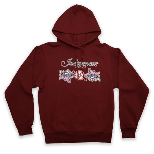 Indigenous Floral Hoodie featuring vibrant floral patterns on a maroon fleece sweatshirt.