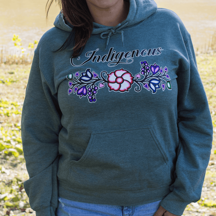 Indigenous Floral Hoodie featuring beautiful Indigenous floral patterns on a cozy hooded sweatshirt.
