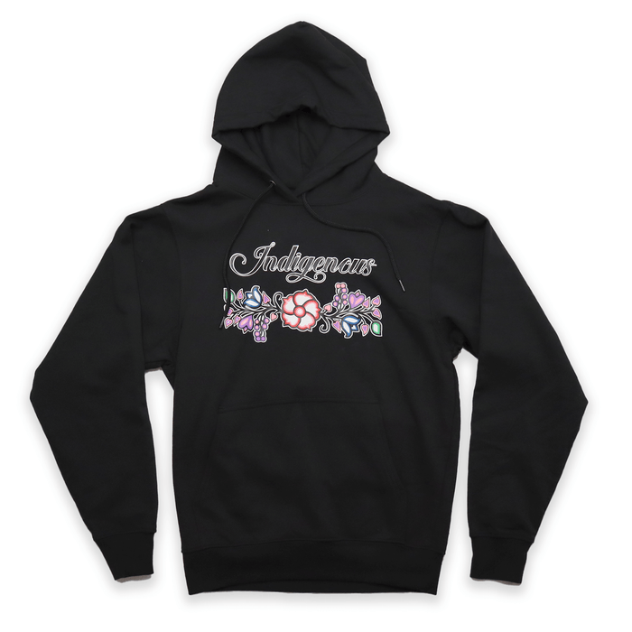 Indigenous Floral Hoodie featuring vibrant floral patterns on a black fleece sweatshirt, ideal for showing appreciation for Indigenous culture.