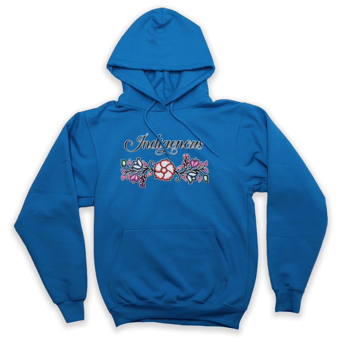 Indigenous Floral Hoodie in blue featuring vibrant Indigenous floral patterns for a warm and stylish look.