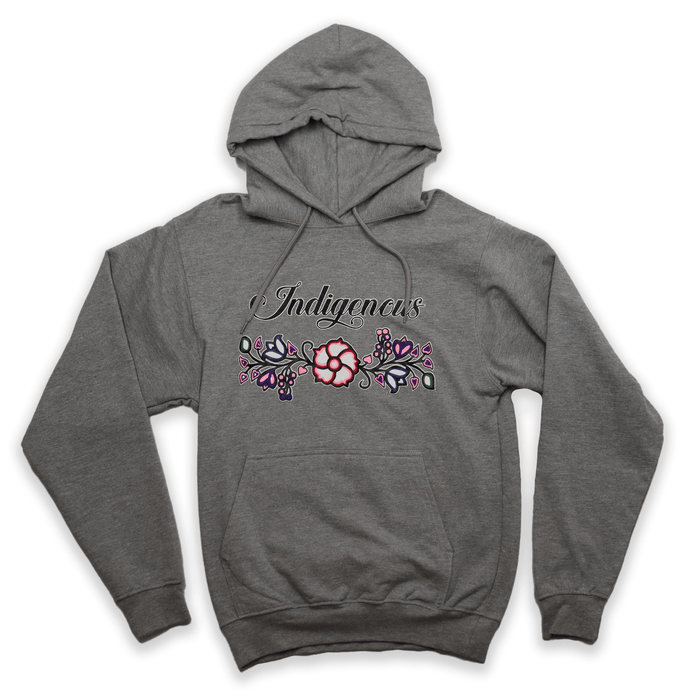 Indigenous Floral Hoodie displayed in gray with floral designs, honoring Indigenous culture and style.