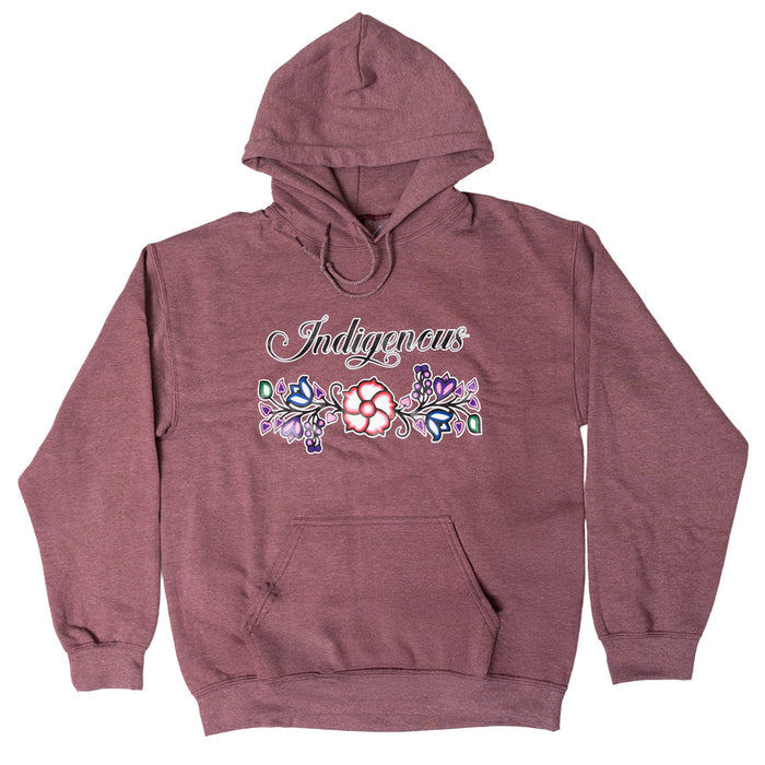 Indigenous Floral Hoodie featuring colorful floral embroidery on a maroon fleece sweatshirt.