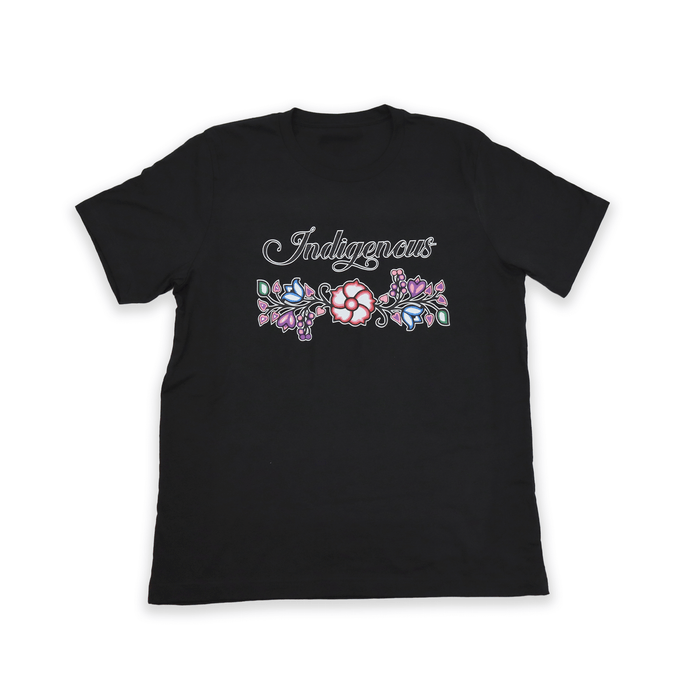 Indigenous Floral Tee featuring a unique floral design on a black t-shirt, perfect for a bold and playful look.