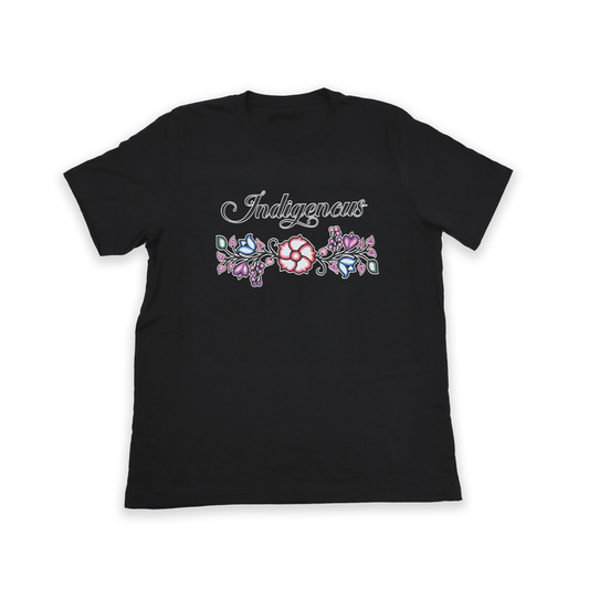 Indigenous Floral Tee featuring a unique floral design on a black t-shirt, perfect for a bold and playful look.