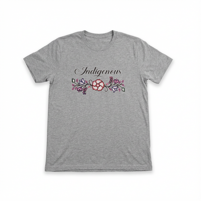 Indigenous Floral Tee featuring unique floral design on a gray t-shirt, perfect for bold and playful style.