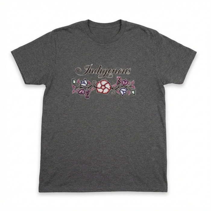 Indigenous Floral Tee featuring a unique floral design on a grey shirt, embodying bold and playful style.