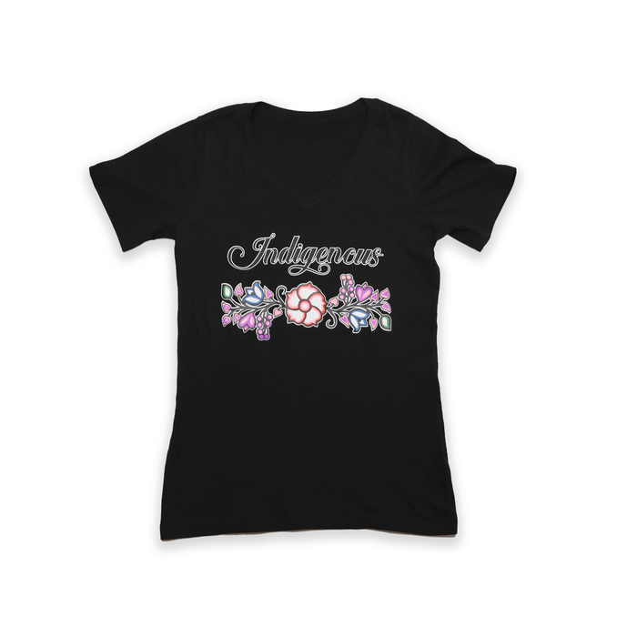 Indigenous Floral V-Neck T-shirt featuring a cultural floral design on a black fabric background.