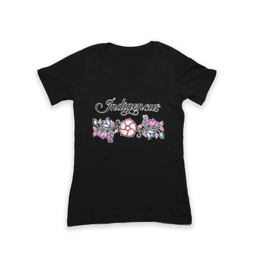 Indigenous Floral V-Neck T-shirt featuring a cultural floral design on a black fabric background.