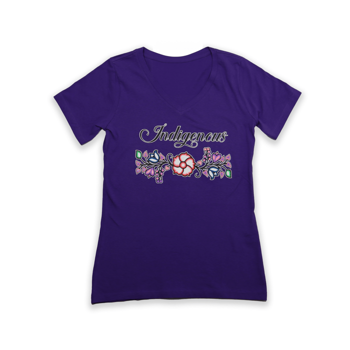 Indigenous Floral V-Neck T-shirt featuring a unique floral design on a purple background.