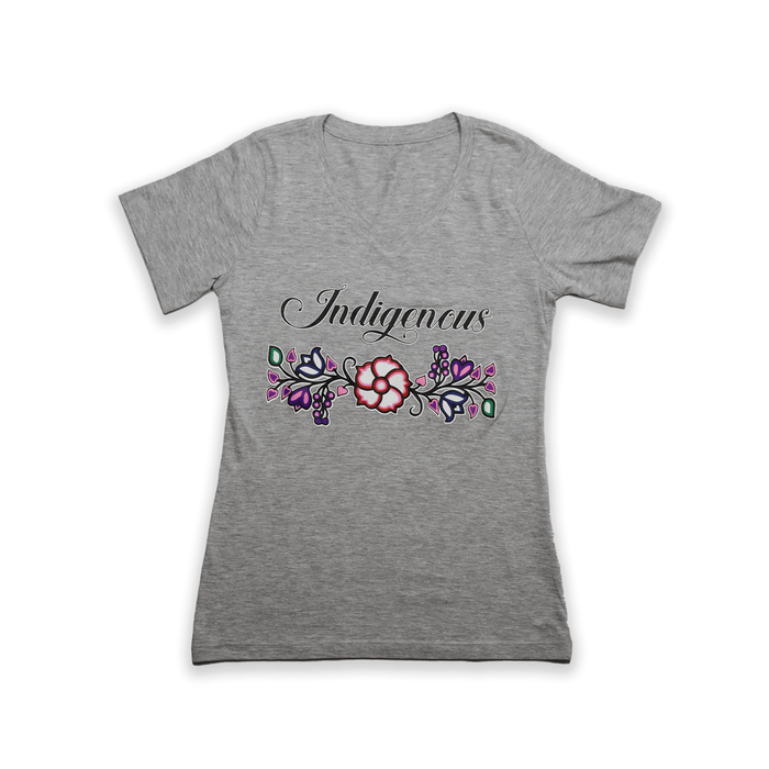 Indigenous Floral V-Neck T-shirt featuring a colorful floral design on a grey background.
